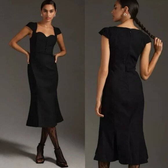 NWT Anthropologie | Cecily Fit & Flare Button Front Sweetheart Dress Black | XS - Picture 2 of 11